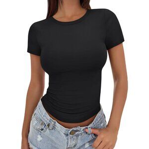 💫 Women Basic Summer T Shirts Black Crop Short Sleeve Gym Fashion Workout Tops